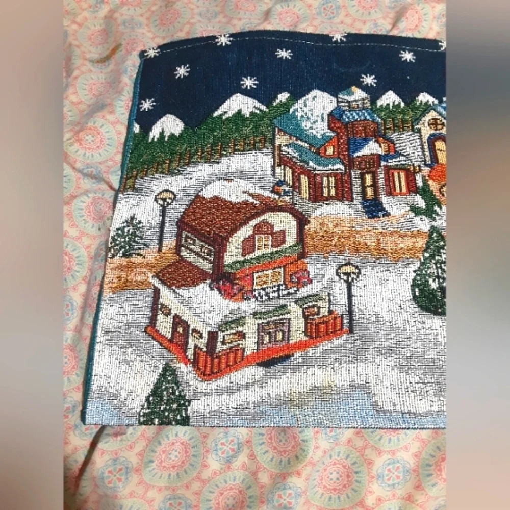 Festive Holiday Tapestry with Village Table Place Mat Scene 17X13